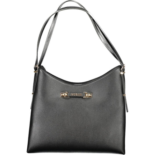 Black leather handbag with gold accents