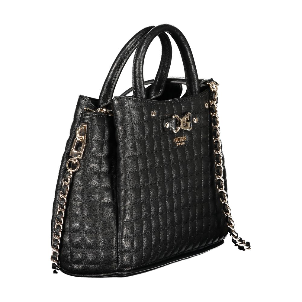 Black quilted leather handbag with metal chain accents