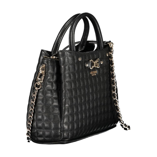 Black quilted leather handbag with metal chain accents