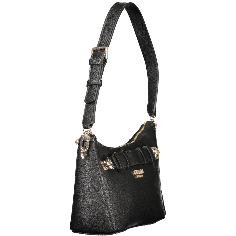 Black leather handbag with gold accents