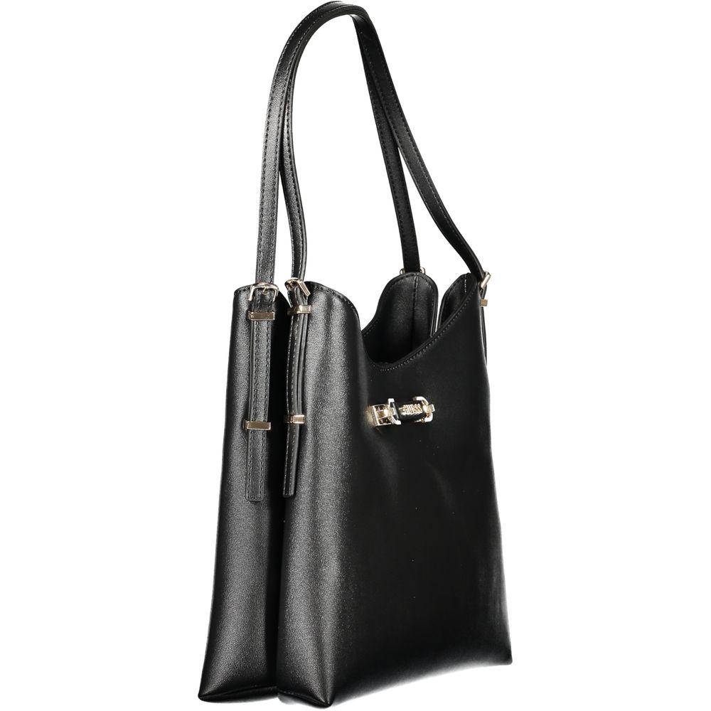 Black leather handbag with gold accents