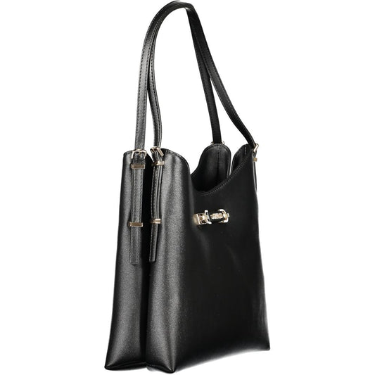 Black leather handbag with gold accents