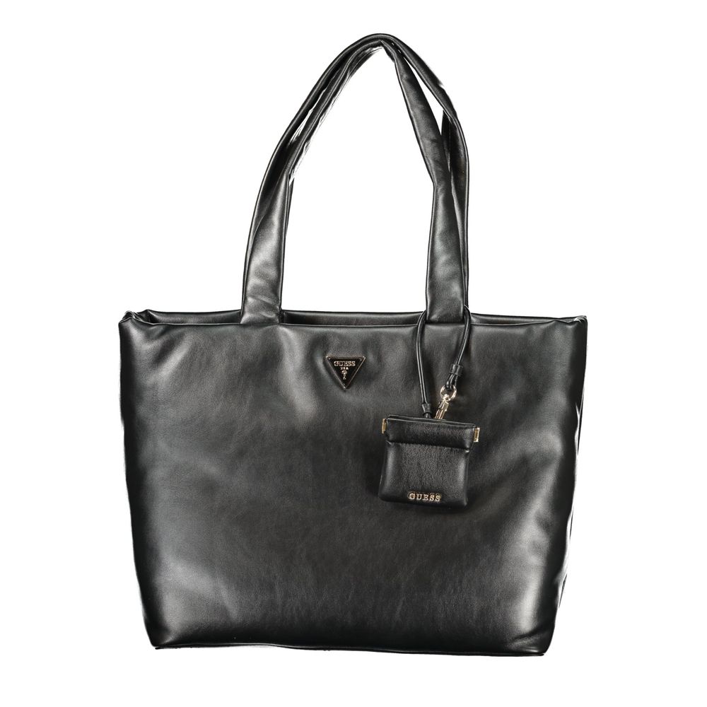 Black leather handbag with gold accents
