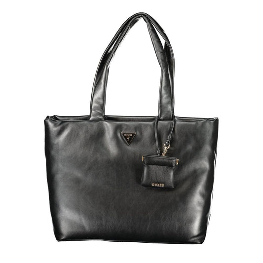 Black leather handbag with gold accents