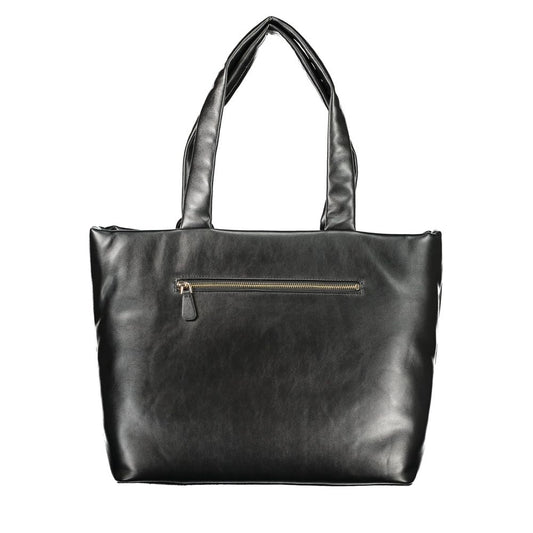 Black leather tote bag with zippered pocket on front