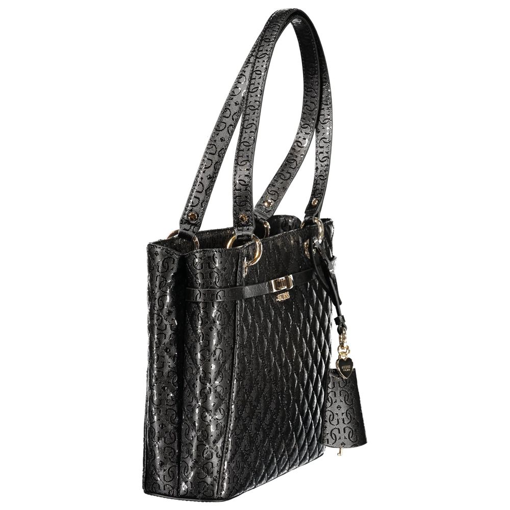 Black leather handbag with gold accents