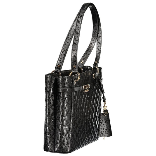 Black leather handbag with gold accents