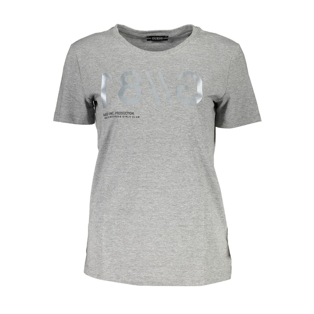 Grey short sleeved t-shirt with white lettering on front