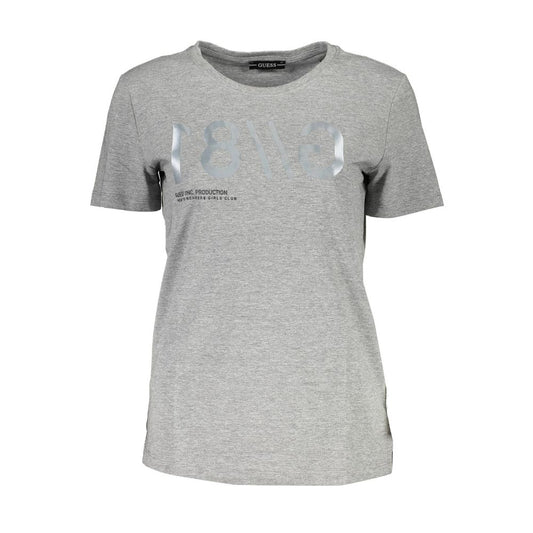 Grey short sleeved t-shirt with white lettering on front