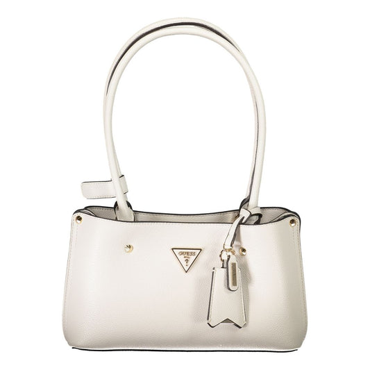 A light grey handbag with a metallic clasp and a small logo on the front