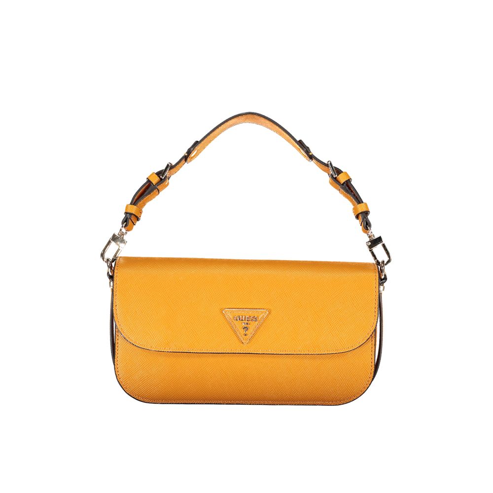 Yellow leather handbag with metal hardware