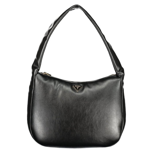 Black leather handbag with a gold logo on the front