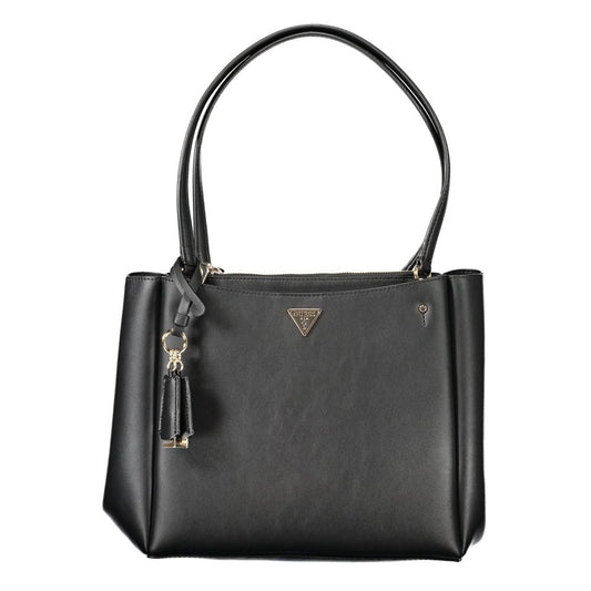 Black leather handbag with gold accents