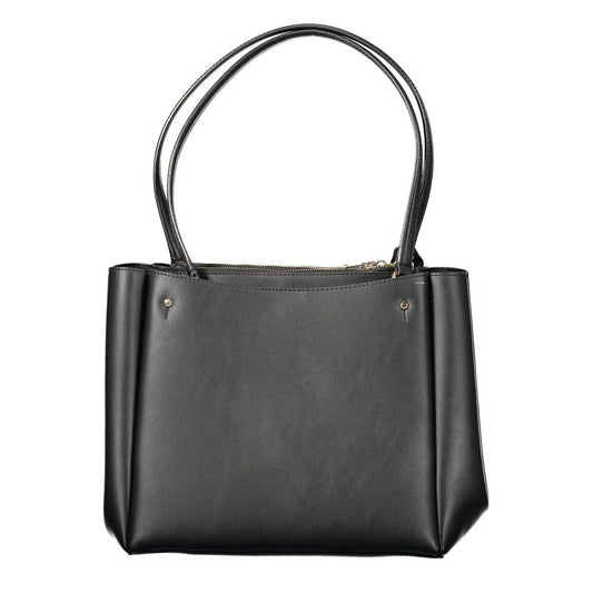 Black leather handbag with two straps and a zippered front pocket
