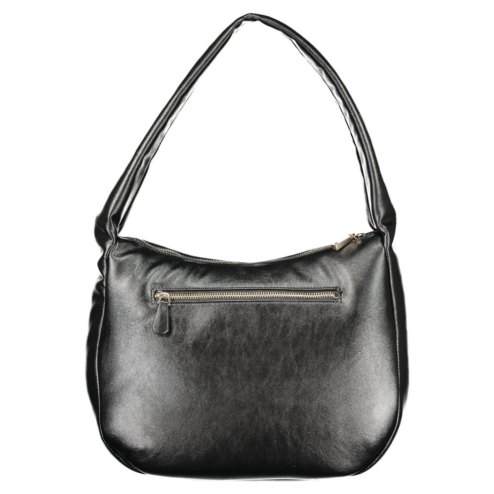 Black leather crossbody bag with zippered pocket on front