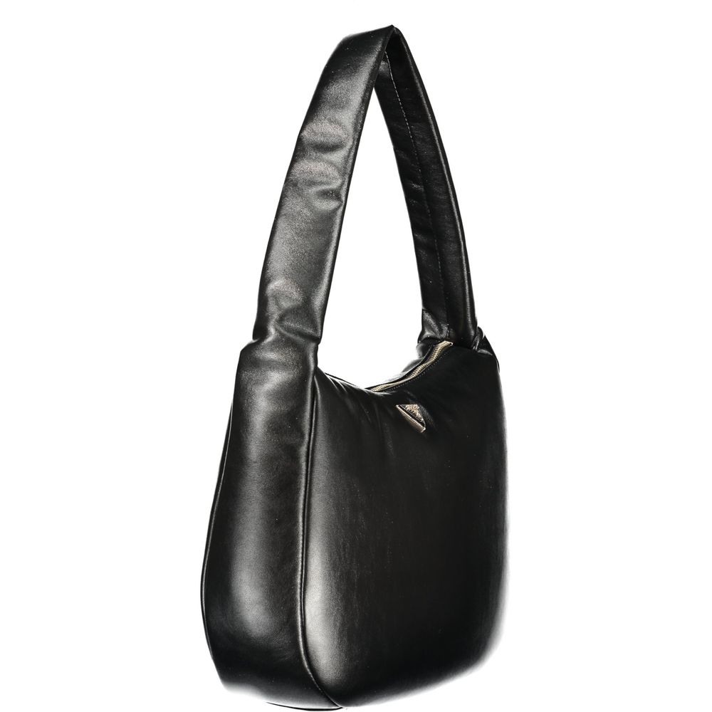 Black leather handbag with long strap