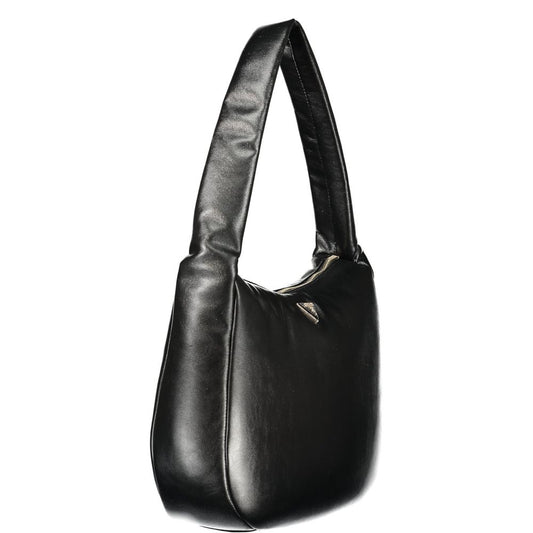 Black leather handbag with long strap