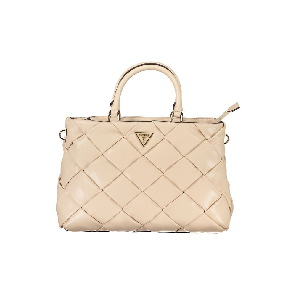 A beige handbag with a quilted design on its body