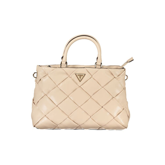 A beige handbag with a quilted design on its body