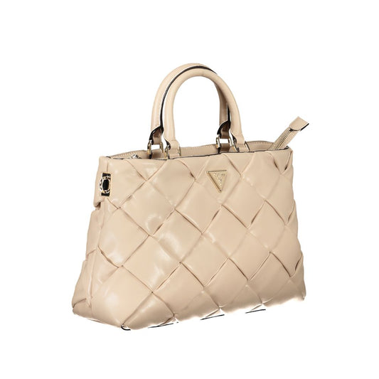 Large beige handbag with quilted design and metal hardware