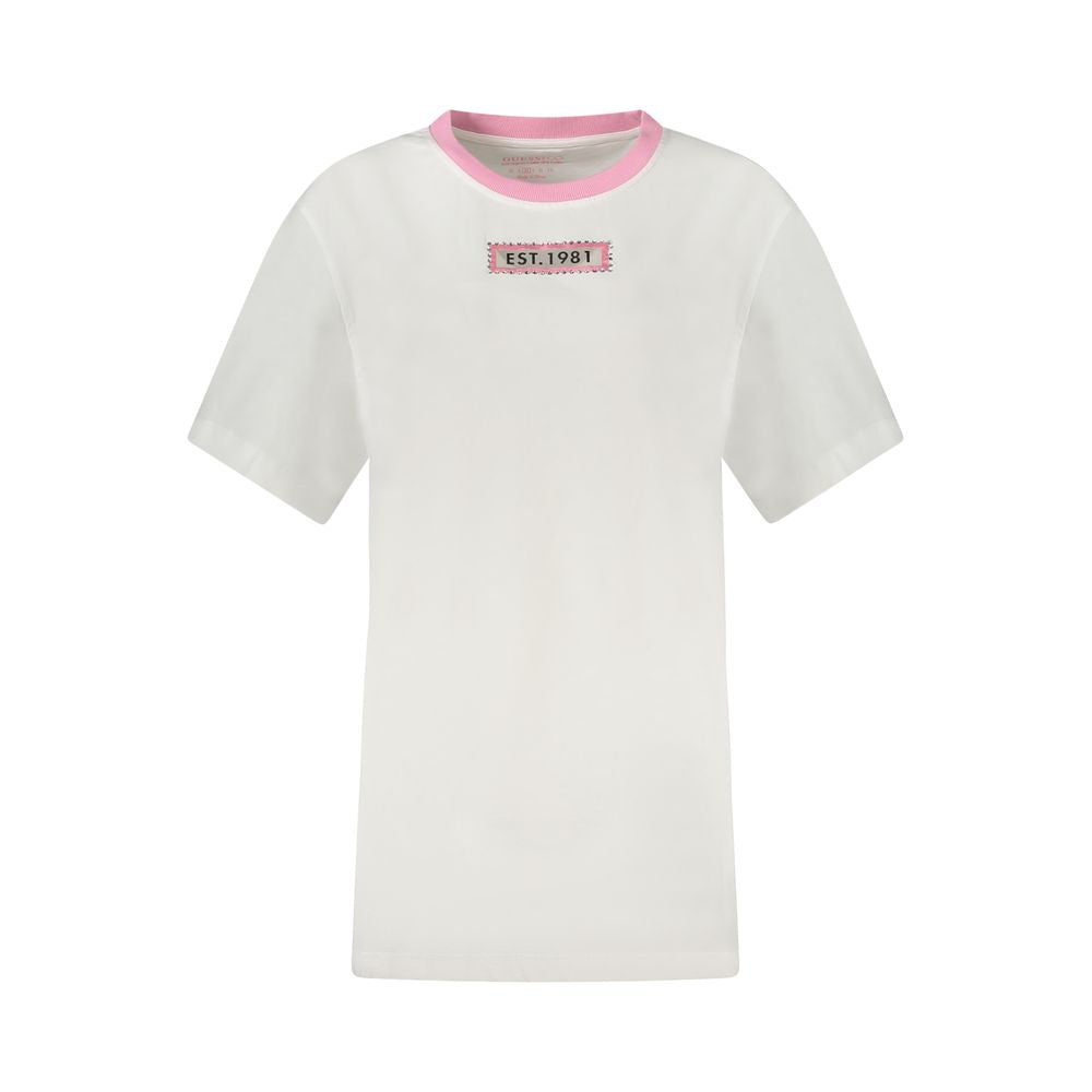White short sleeve t-shirt with pink logo on front