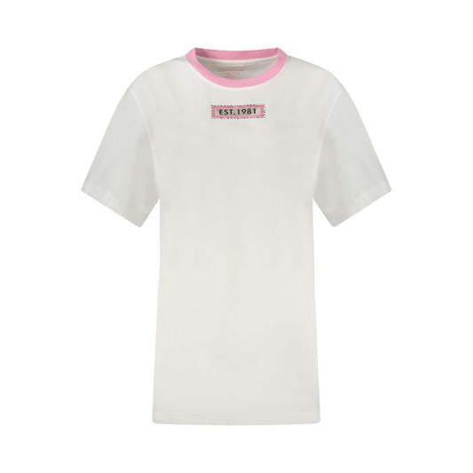 White short sleeve t-shirt with pink logo on front