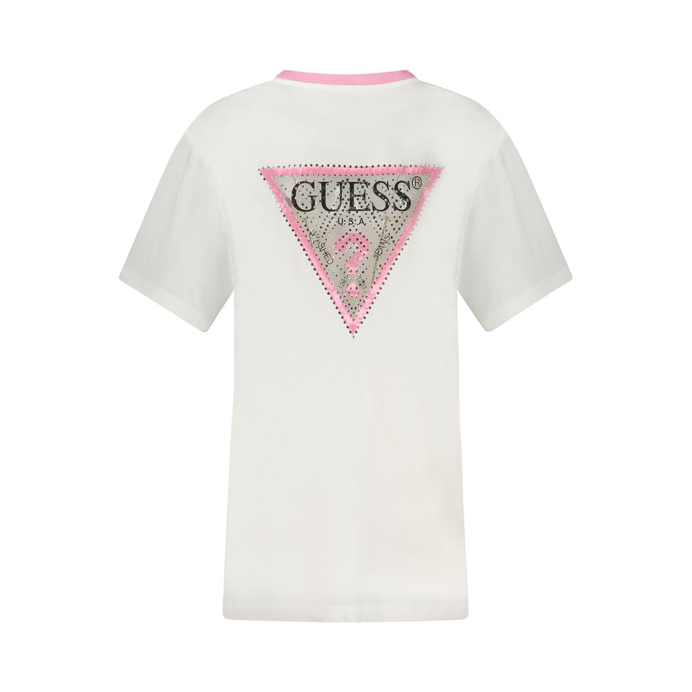 White t-shirt with pink logo on back