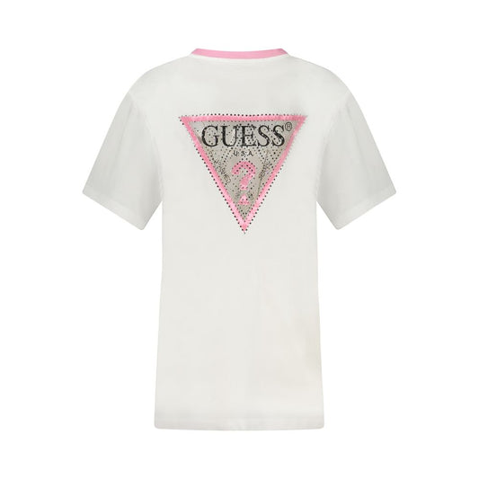White t-shirt with pink logo on back