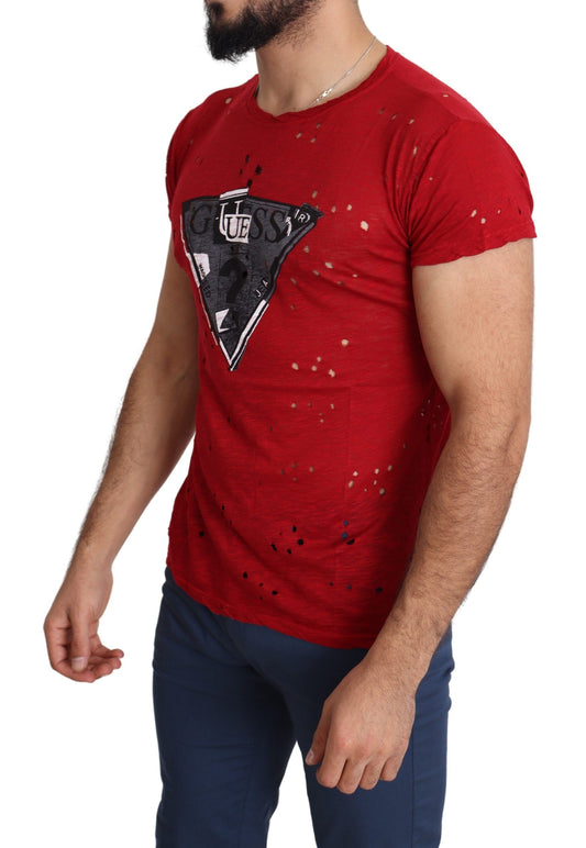 A red cotton t-shirt with a logo print and perforations on the front