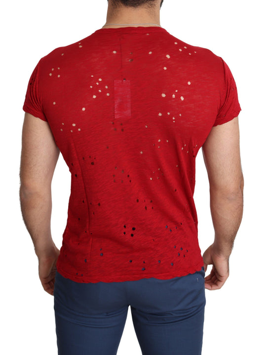 A red cotton logo print men's casual top with perforations on the back