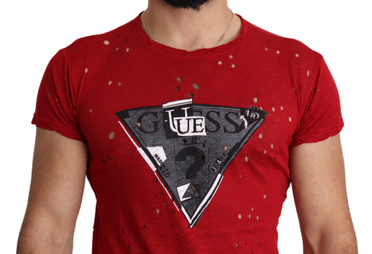 A red cotton t-shirt with a logo print on the front, featuring holes and perforations