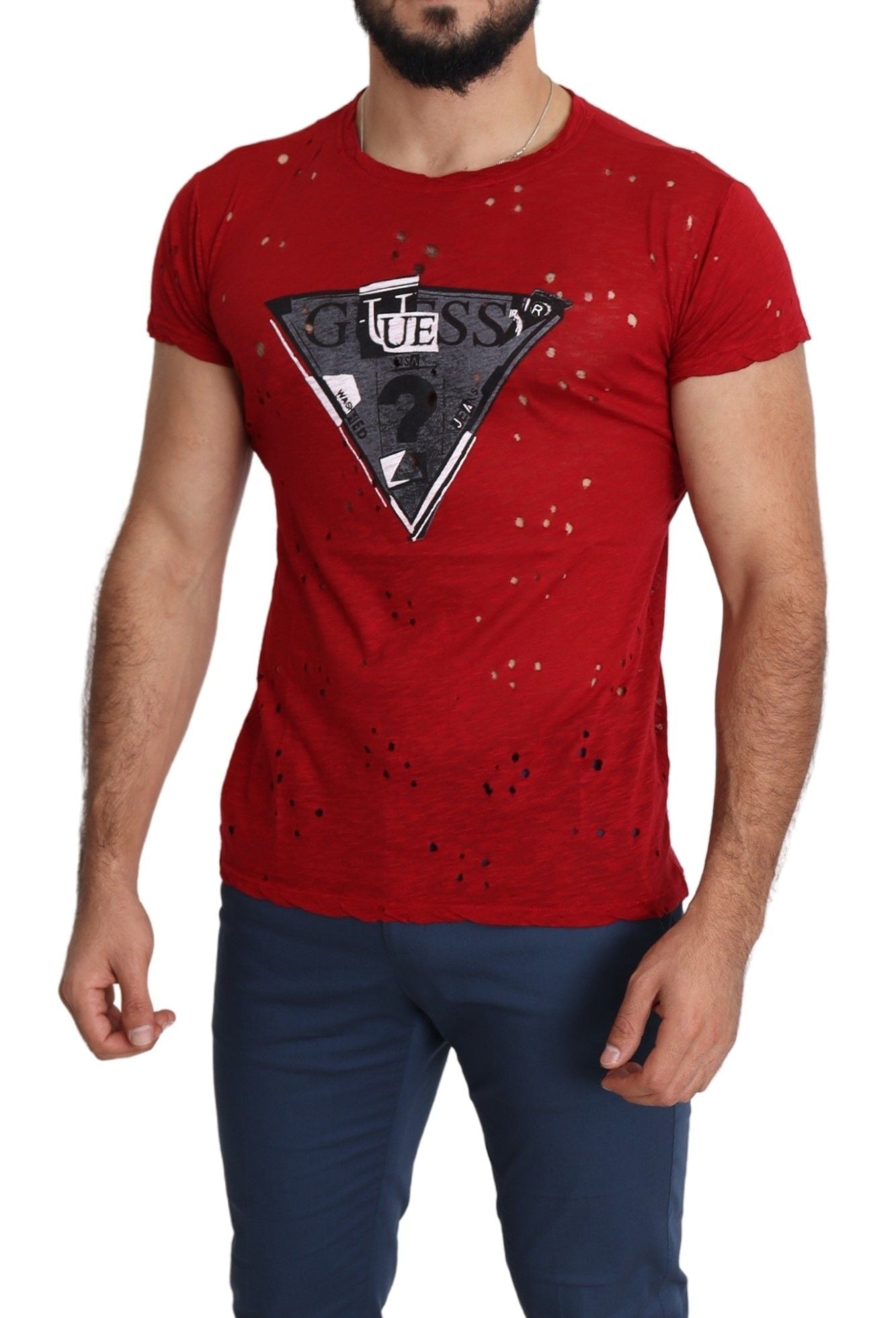 A red cotton t-shirt with a logo print and perforations on the front