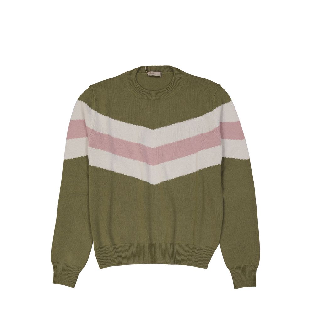 Green sweater with pink stripes on sleeves