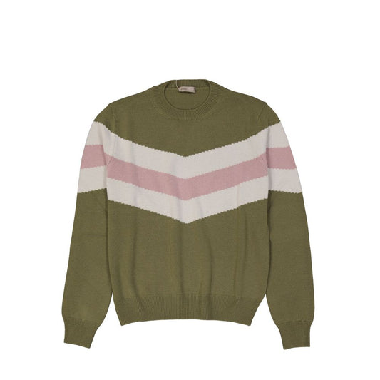 Green sweater with pink stripes on sleeves
