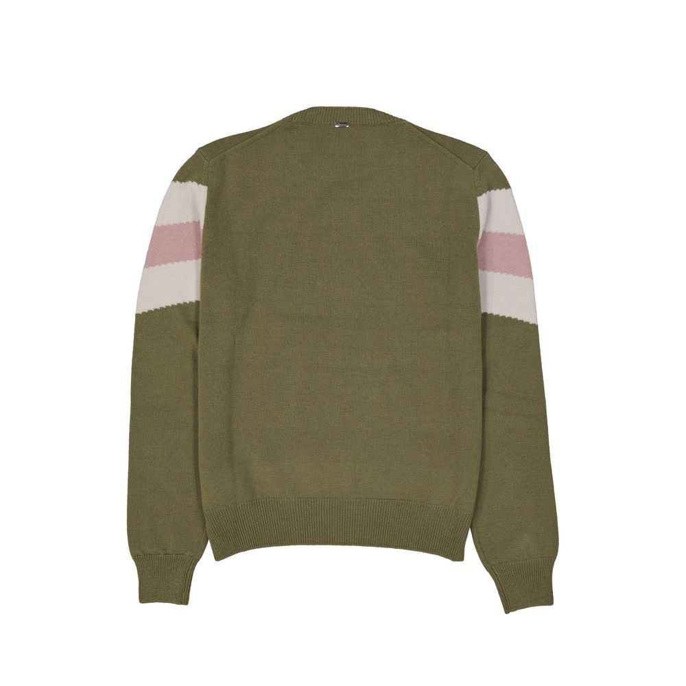 Green sweater with pink stripes on sleeves