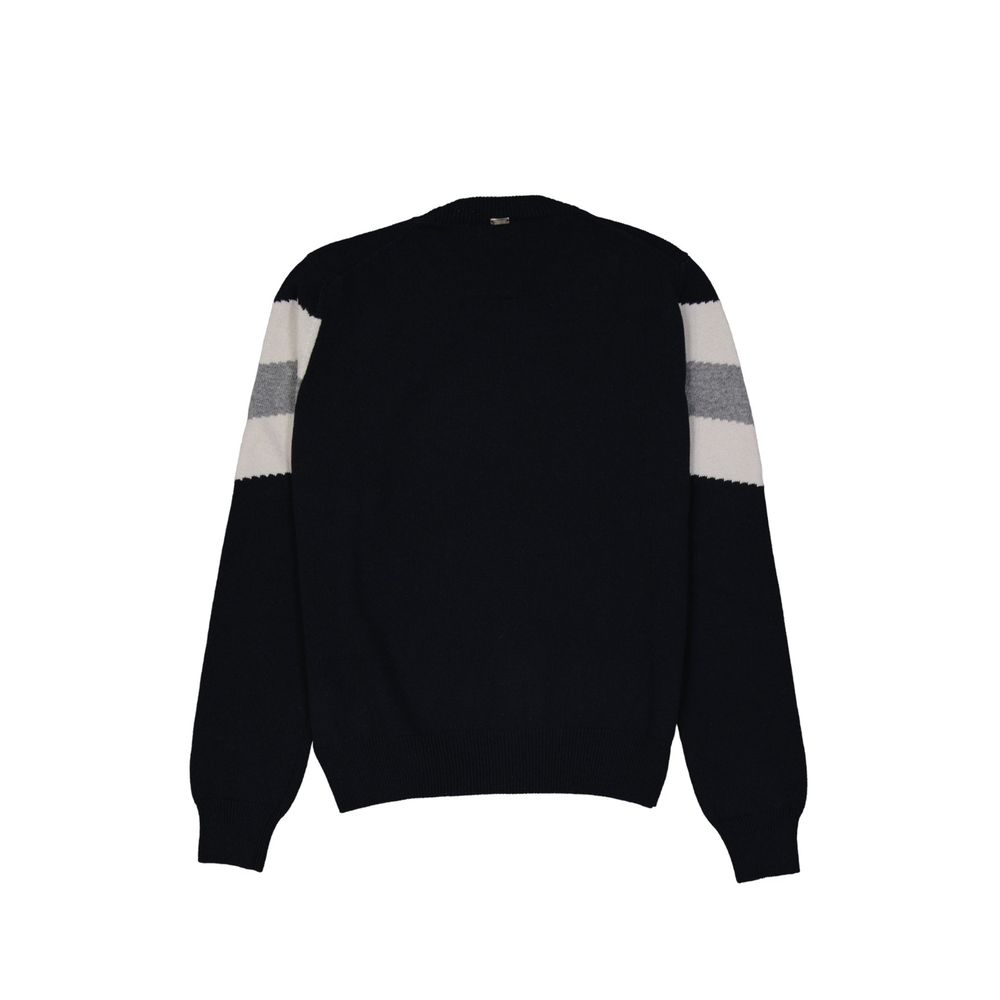 Black sweater with white stripes on sleeves