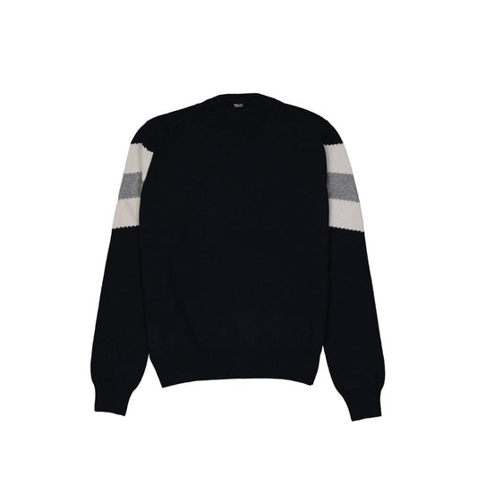 Black sweater with white stripes on sleeves