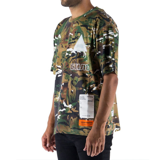 Camouflage print t-shirt with graphic design on front