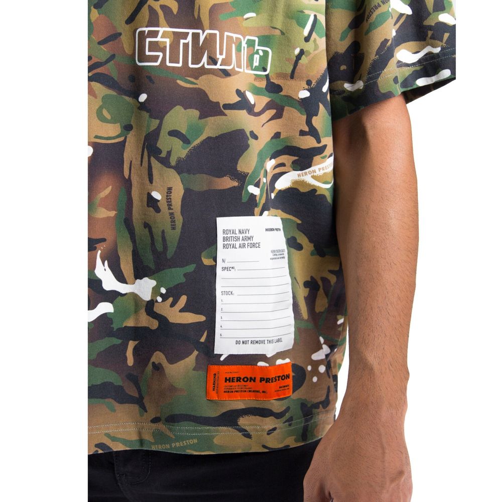 Camouflage print t-shirt with a white paper tag attached to the front