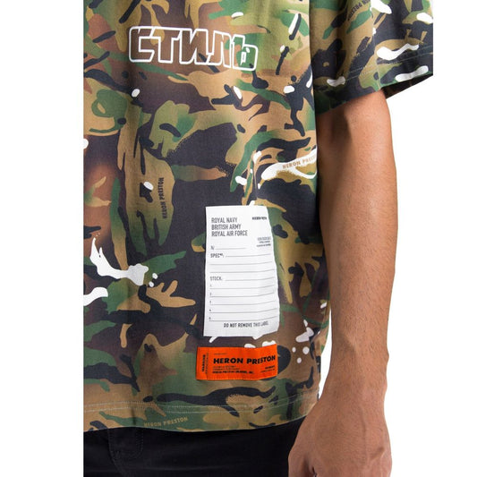 Camouflage print t-shirt with a white paper tag attached to the front