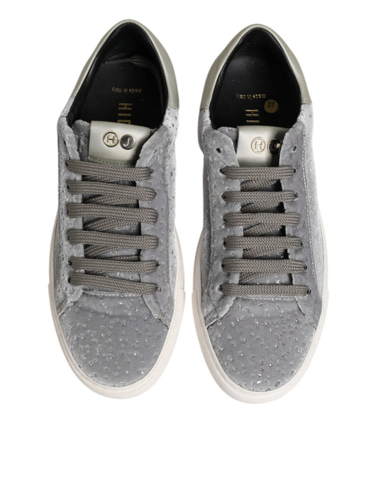 Pair of gray sneakers with white soles
