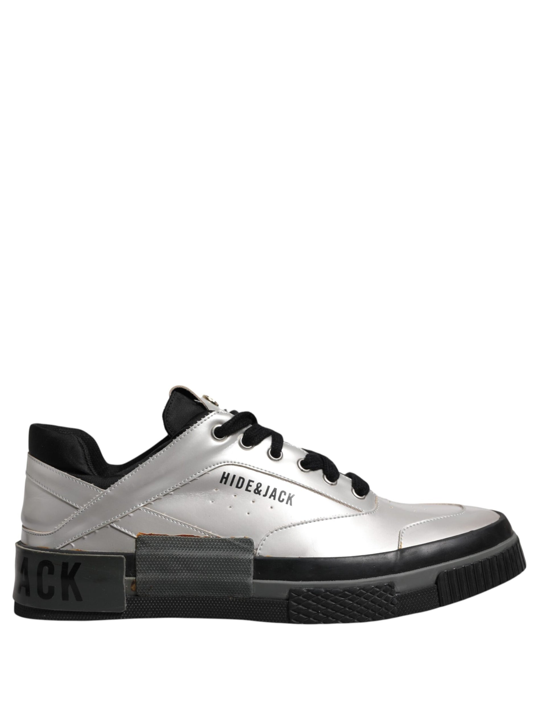 White sneaker with black laces and a logo on the side