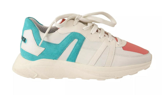 White sneaker with blue and red accents