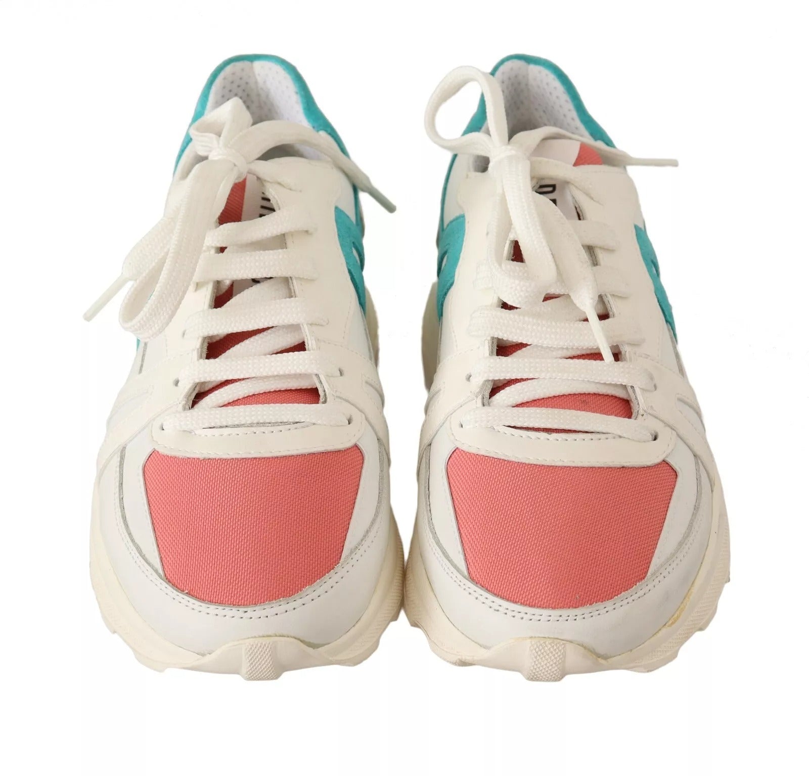 Pair of white sneakers with pink accents