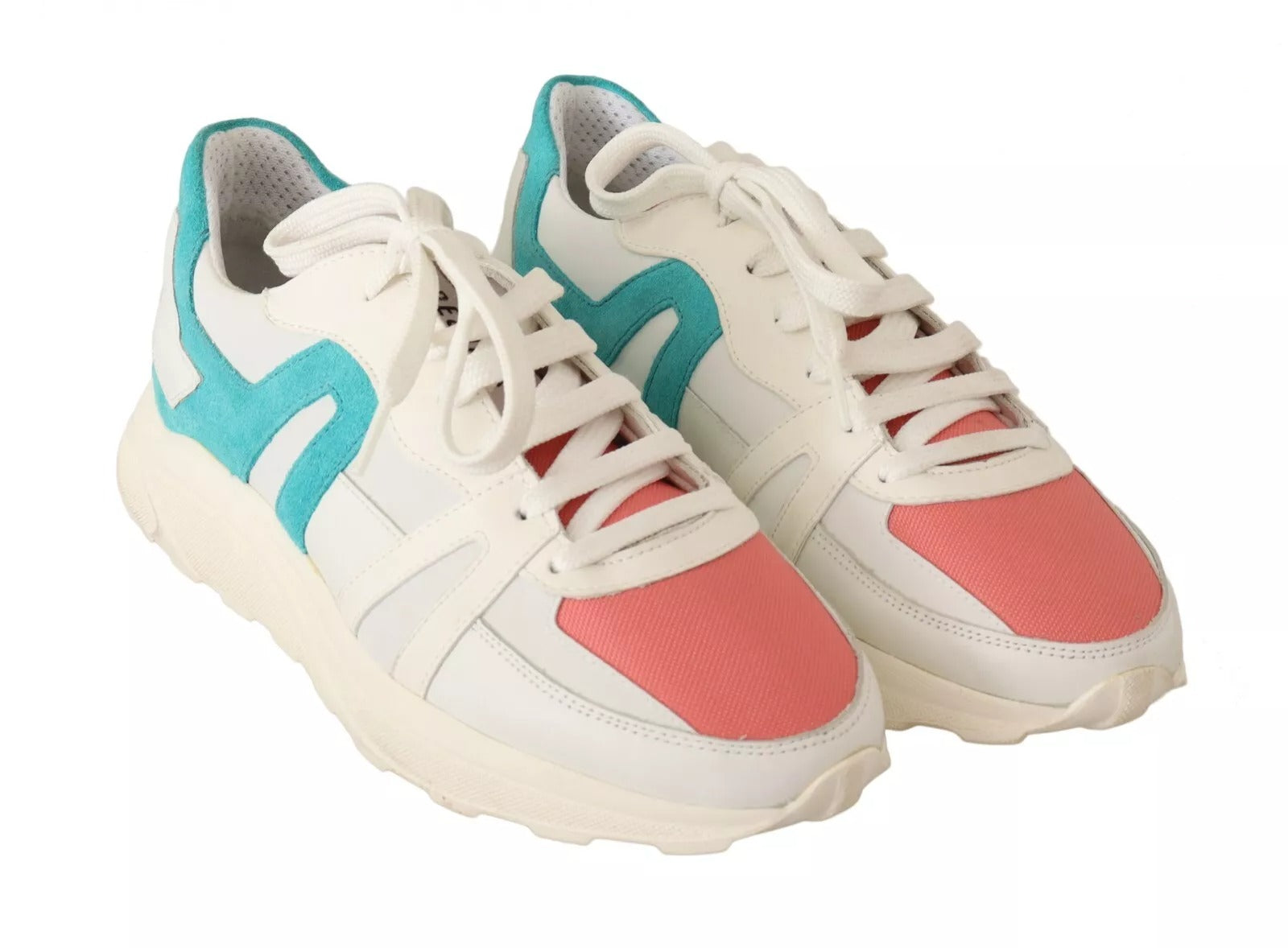 Pair of sneakers with white laces and a colorful design on the side