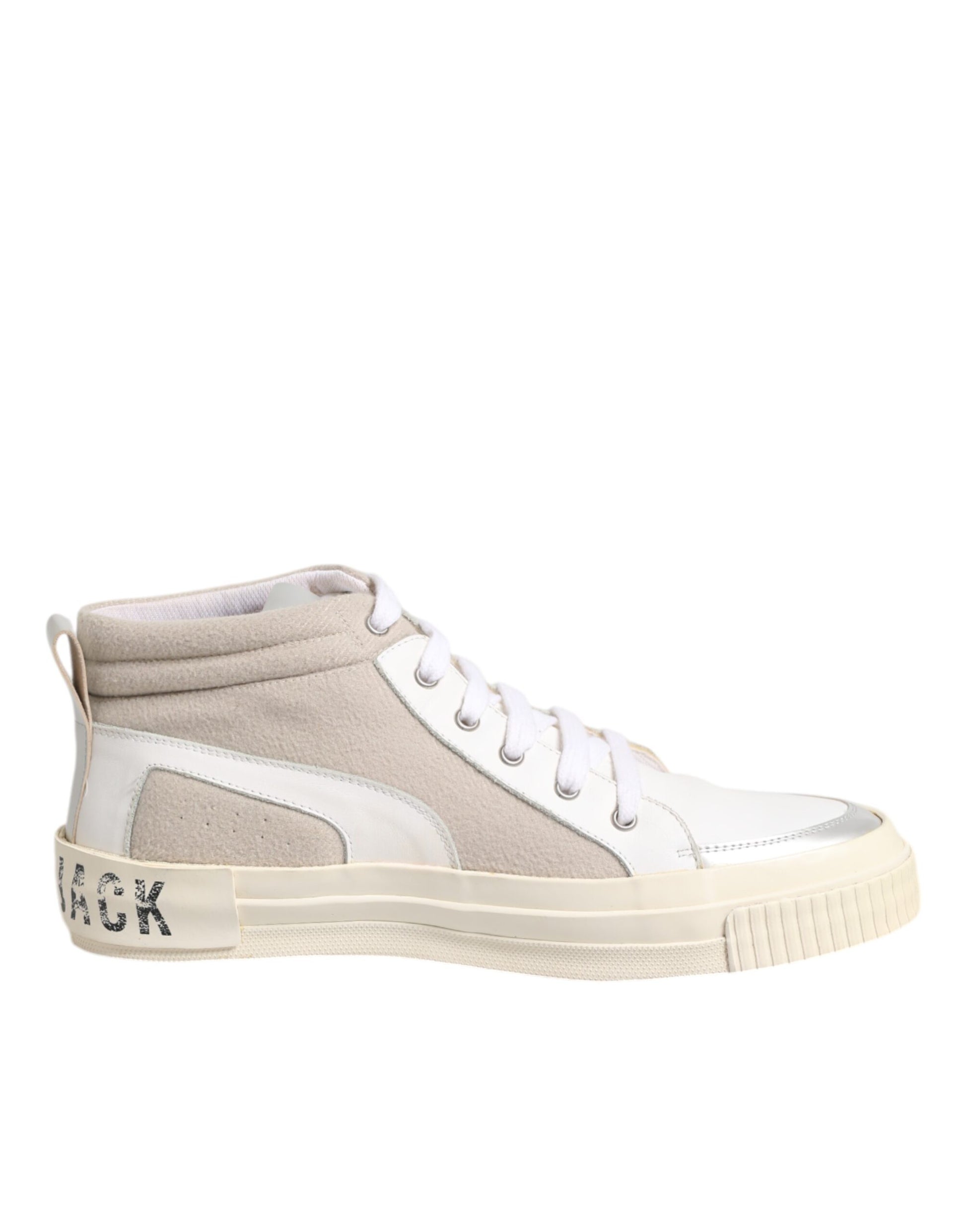 Tan high top sneaker with white laces and sole