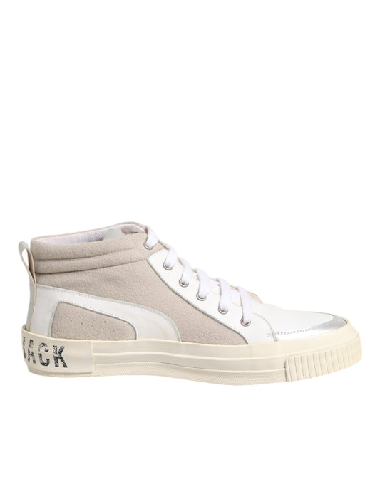 Tan high top sneaker with white laces and sole