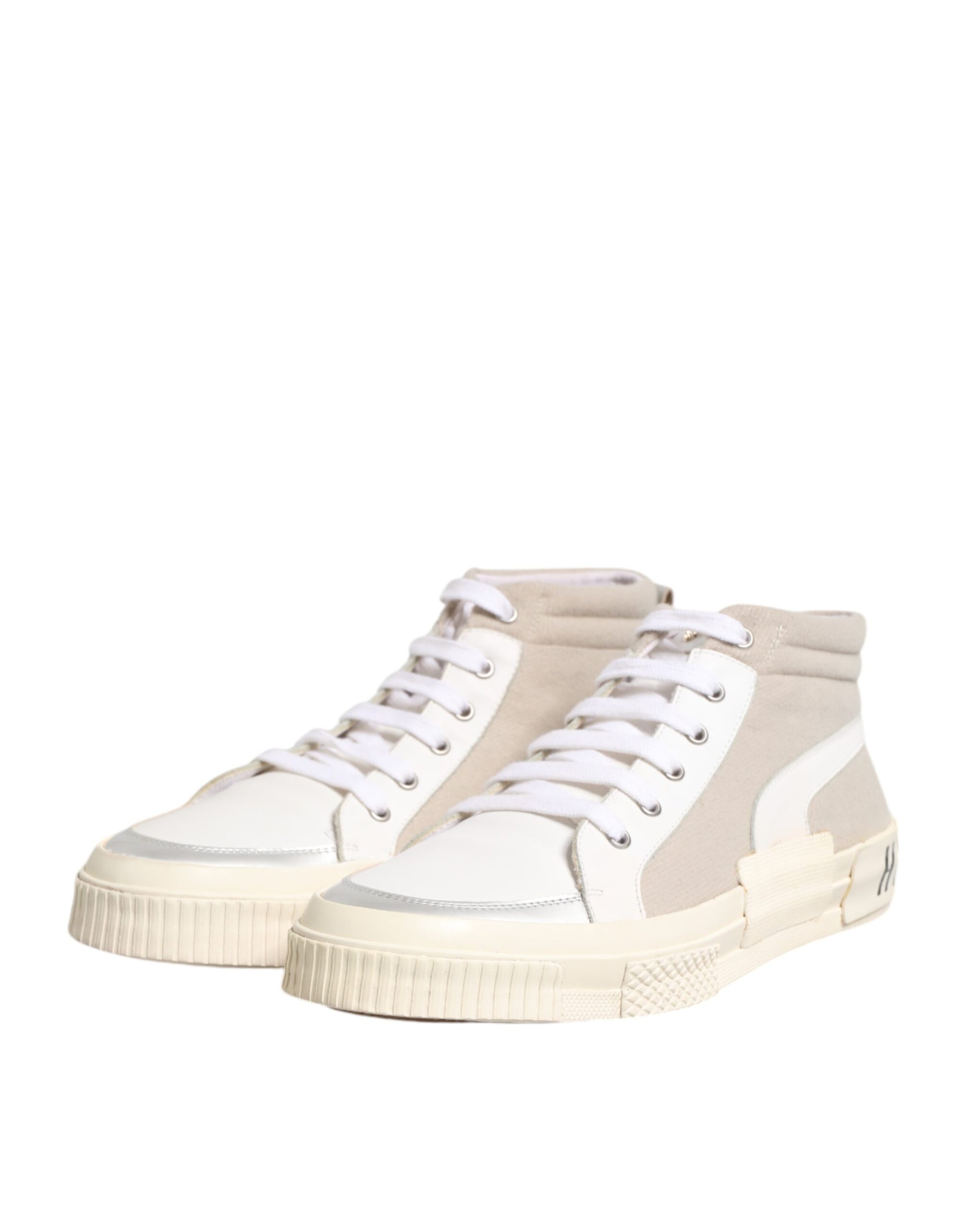 Tan high top sneakers with white laces