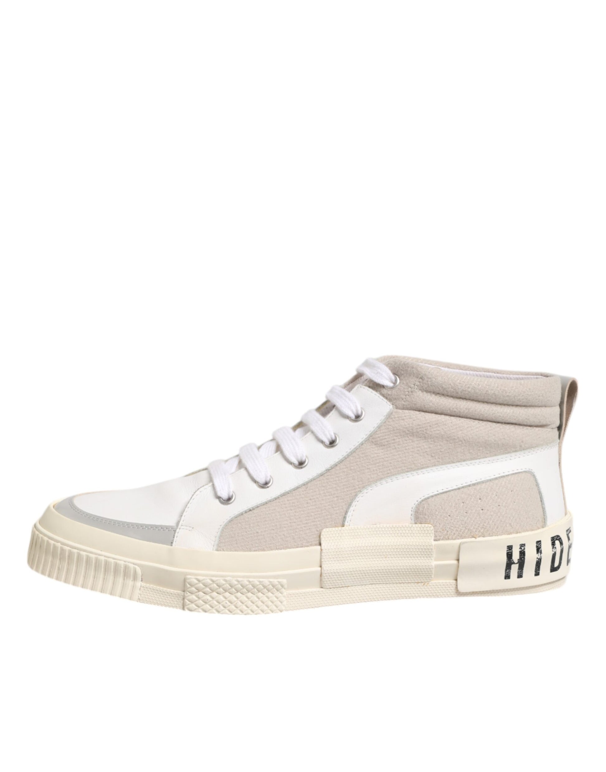 High top sneaker with white laces and a logo on the side