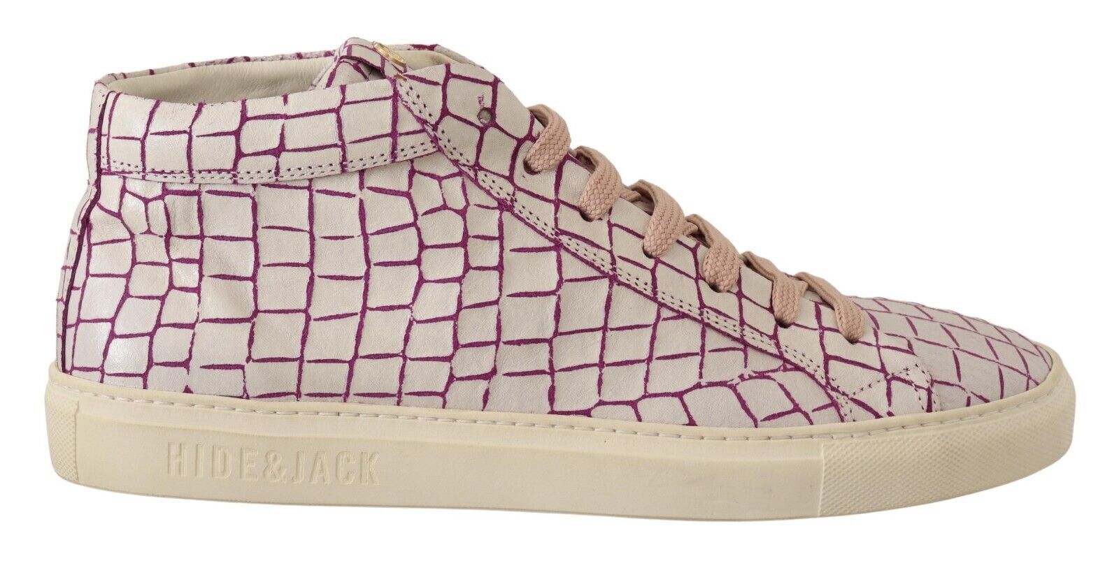 Pink and white sneaker with laces and a patterned design